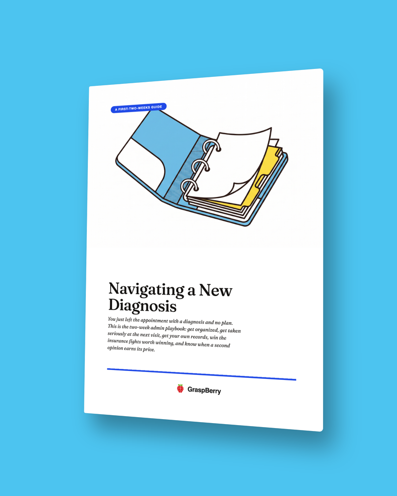 Navigating a New Diagnosis guide cover: a ring binder illustration on the sky-blue cover of the first-two-weeks guide