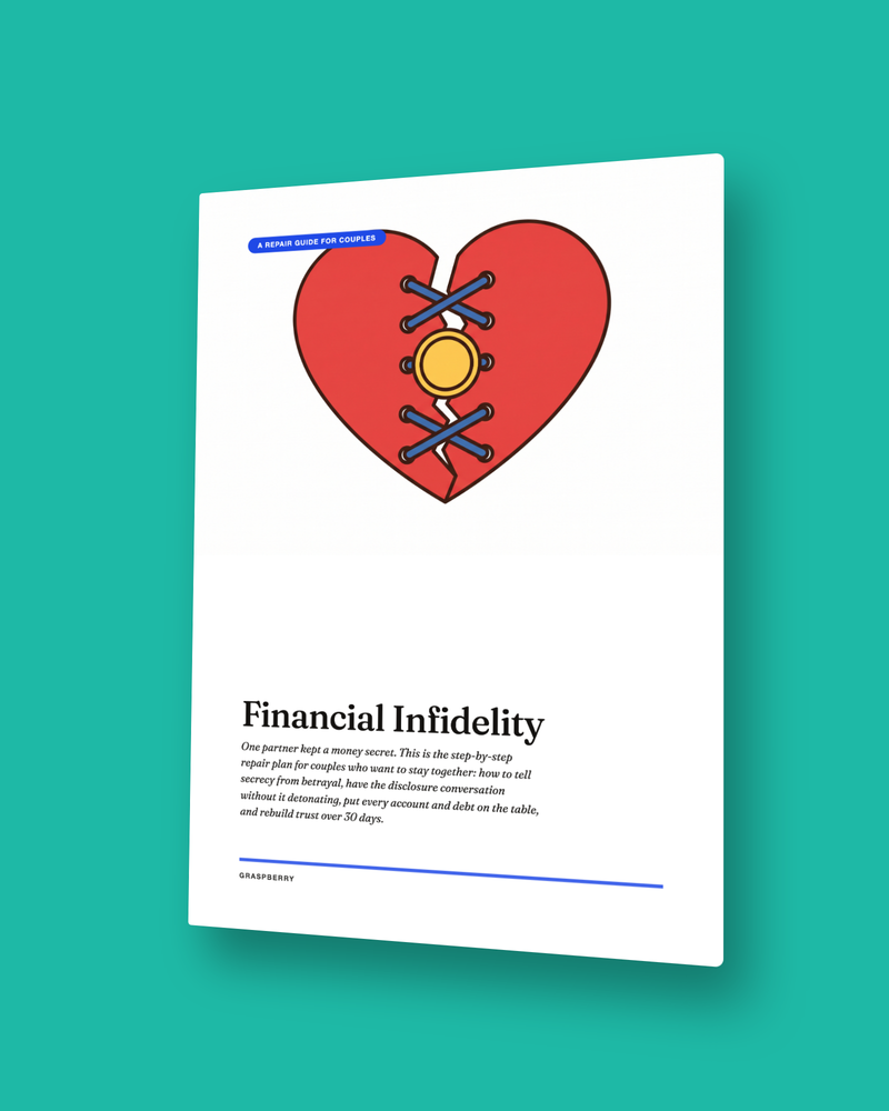 Financial Infidelity guide cover: red stitched-heart illustration on the cream cover of the money-trust repair guide for couples