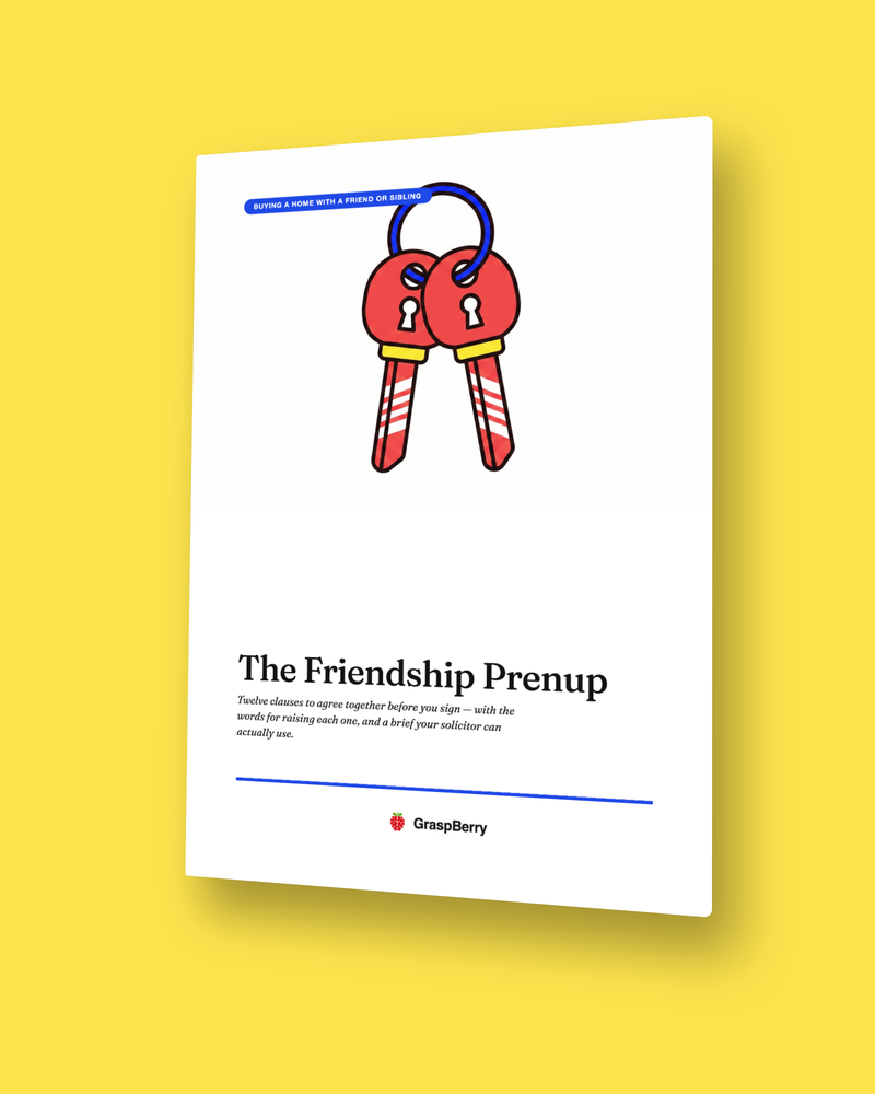 The Friendship Prenup guide cover: two identical keys on one ring, the twelve-clause agreement for buying a home with a friend