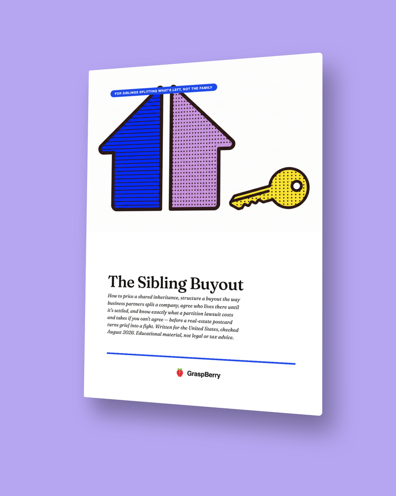 The Sibling Buyout guide cover: a house split into blue and lilac halves beside a yellow key, on white with a lilac ground