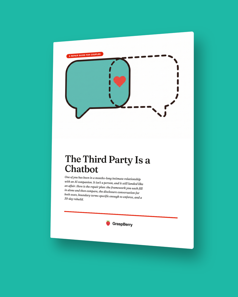 The Third Party Is a Chatbot guide cover: one solid and one dashed teal speech bubble with a red heart between them
