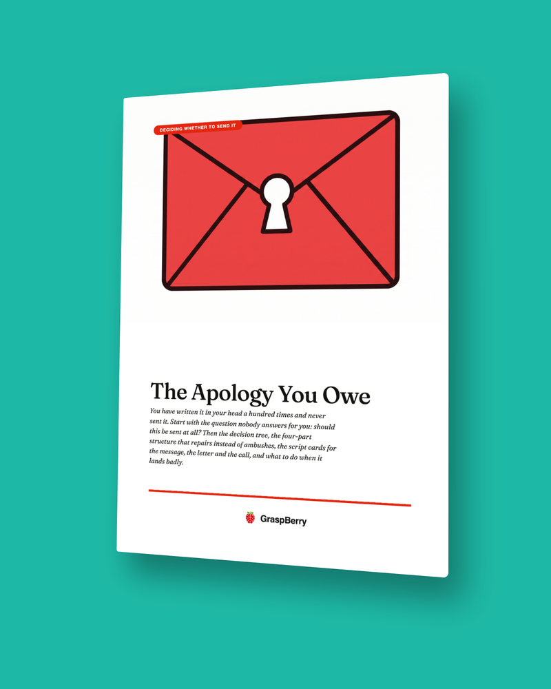 The Apology You Owe cover: a sealed red envelope with a keyhole cut into its centre, on a white guide page.