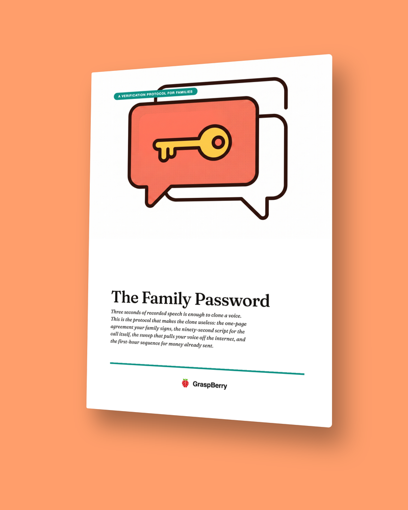 The Family Password guide cover: two overlapping speech bubbles holding a key, on the verification protocol for families