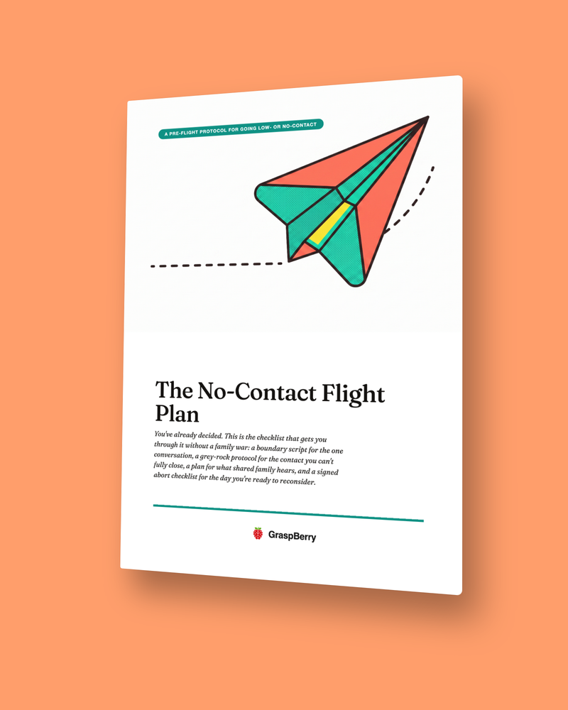 The No-Contact Flight Plan cover: a folded paper plane banking away from its original path, on peach and teal