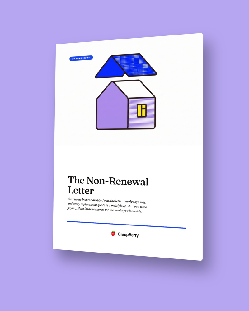 Cover of The Non-Renewal Letter, a Graspberry admin guide, showing a house with its roof lifted away