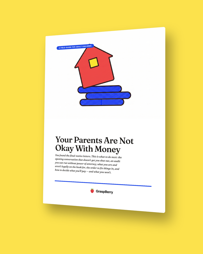 Cover of Your Parents Are Not Okay With Money: a red house tilting on a stack of blank blue discs