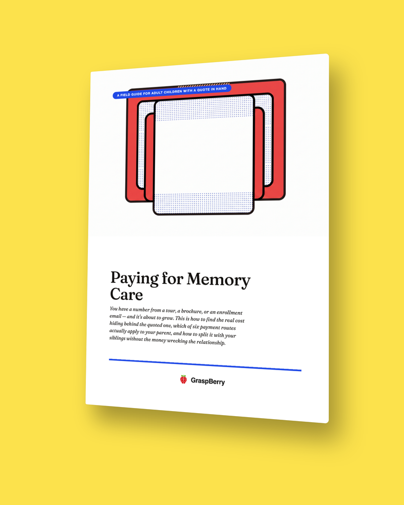 Paying for Memory Care cover: stacked layered cards in red and blue — a field guide for adult children with a quote in hand